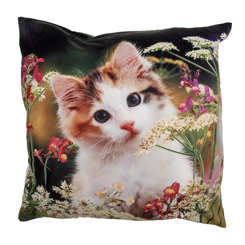 Clayre & Eef KT021.371 Kussenhoes 45x45 Cm Groen Beige Polyester Kat Sierkussenhoes