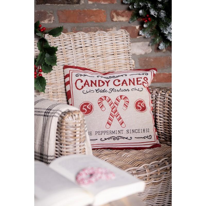 Clayre & Eef KT021.385 Kussenhoes 44x44 Cm Beige Rood Polyester Zuurstok Kerst Vierkant