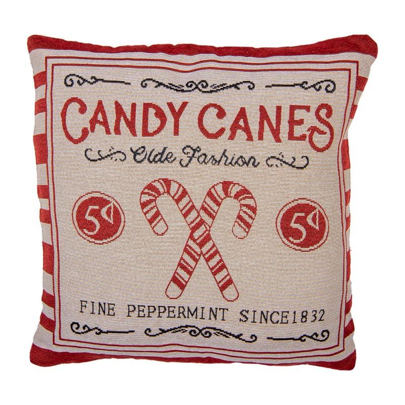 clayre & eef KT021.385 Kussenhoes 44x44 cm Beige Rood Polyester Zuurstok Kerst Vierkant