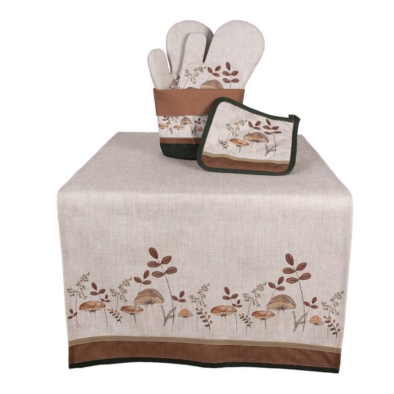 Clayre & Eef LFJ64 Tafelloper 50x140 Cm Beige Katoen Paddenstoelen Tafelkleed