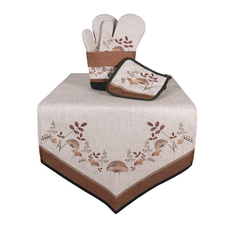 Clayre & Eef LFJ65 Tafelloper 50x160 Cm Beige Katoen Paddenstoelen Tafelkleed