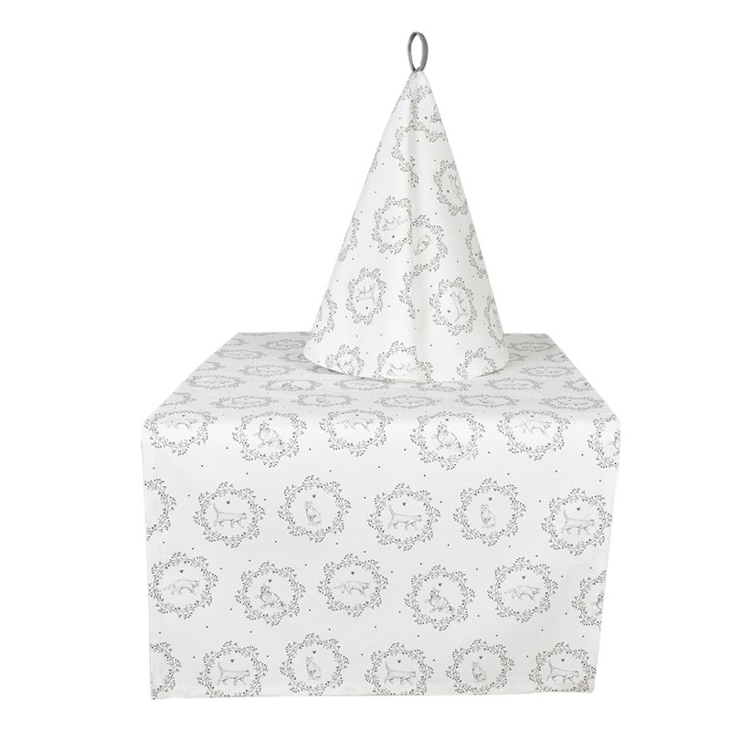 Clayre & Eef LGC64 Tafelloper 50x140 Cm Wit Grijs Katoen Kat Tafelkleed