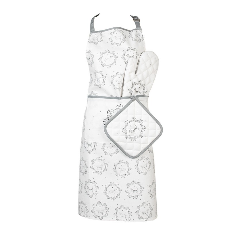 Clayre & Eef LGD41 Keukenschort 70x85 Cm Wit Grijs Katoen Hond