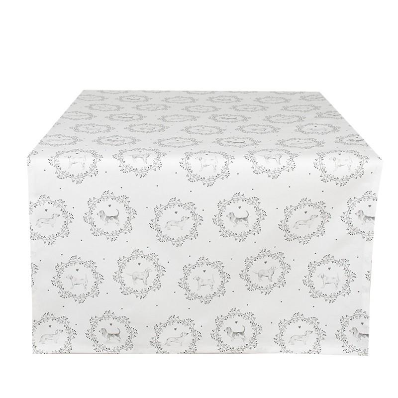 clayre & eef LGD64 Tafelloper 50x140 cm Wit Grijs Katoen Hond Rechthoek Tafelkleed