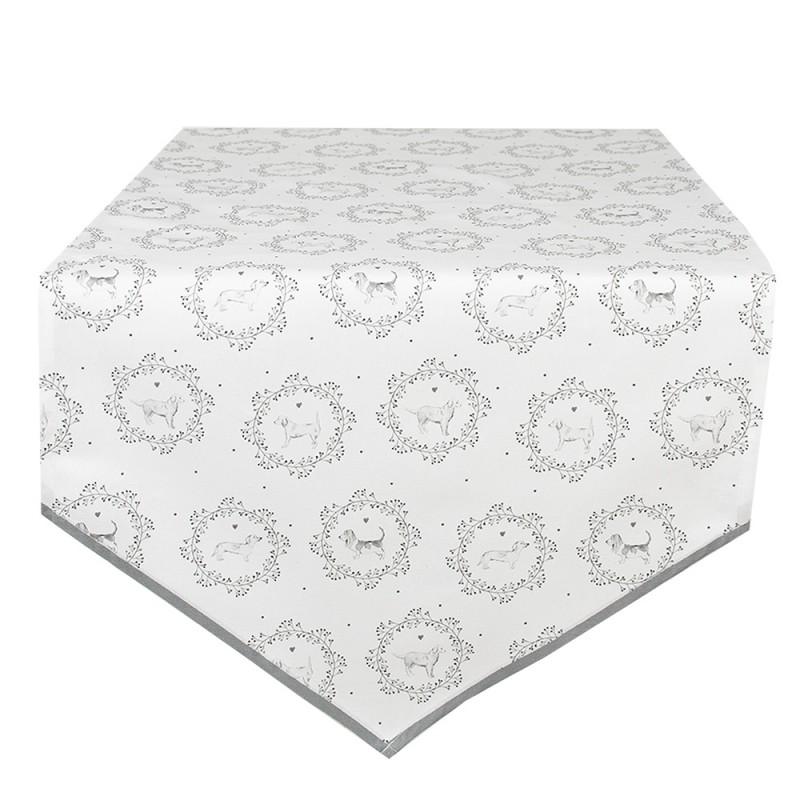 clayre & eef LGD65 Tafelloper 50x160 cm Wit Grijs Katoen Hond Rechthoek Tafelkleed