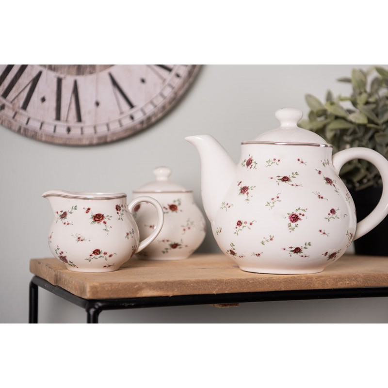 Clayre & Eef LPRCRSU Melk En Suiker Set 12x9x8 / Ø 9x10 Cm Beige Keramiek Bloemen Rond Melkkannetje