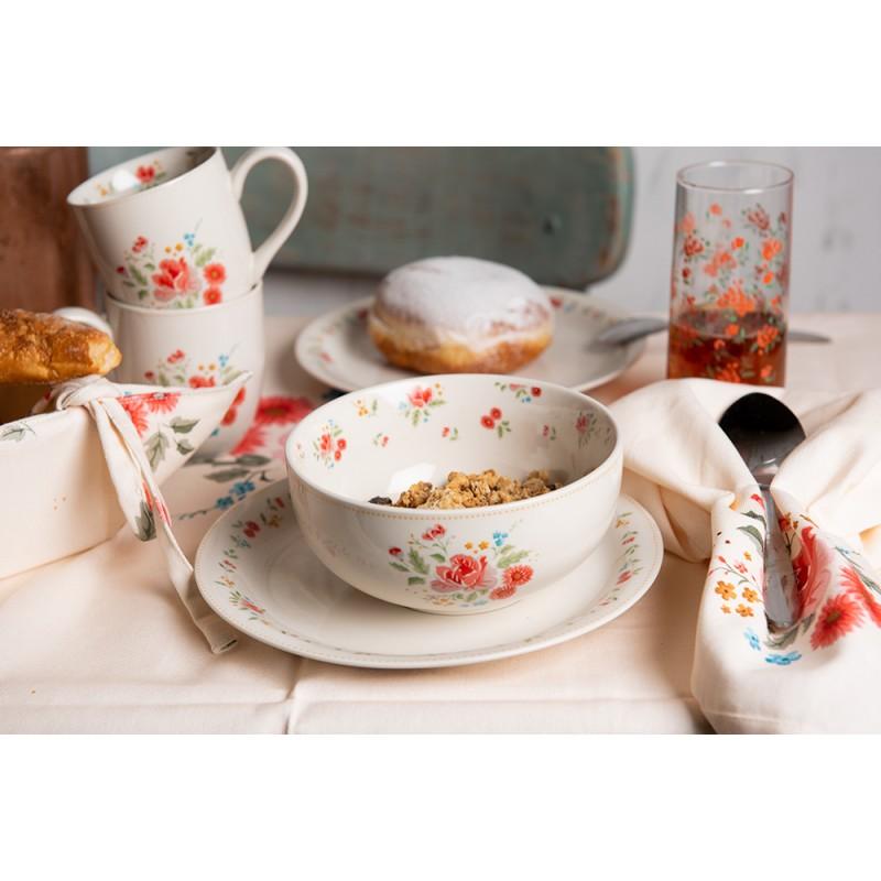 Clayre & Eef LRCDP Ontbijtbord Ø 20 Cm Beige Roze Keramiek Rozen Rond Bord