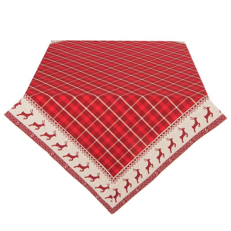 Clayre & Eef NOC01 Vierkant Tafelkleed Kerst 100x100 Cm Rood Beige Katoen Hert Vierkant Tafellaken