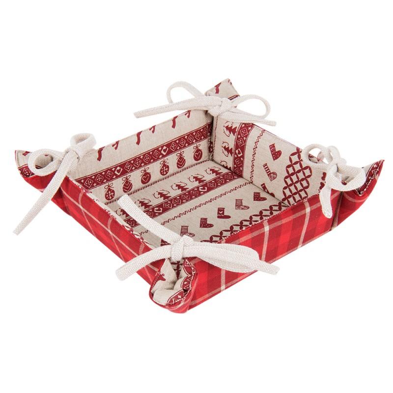 Clayre & Eef NOC47 Broodmand 35x35x8 Cm Rood Beige Katoen Kerst Vierkant Cadeau Keuken