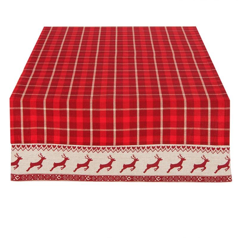 clayre & eef NOC64 Tafelloper 50x140 cm Rood Beige Katoen Hert en Kerst Rechthoek Tafelkleed