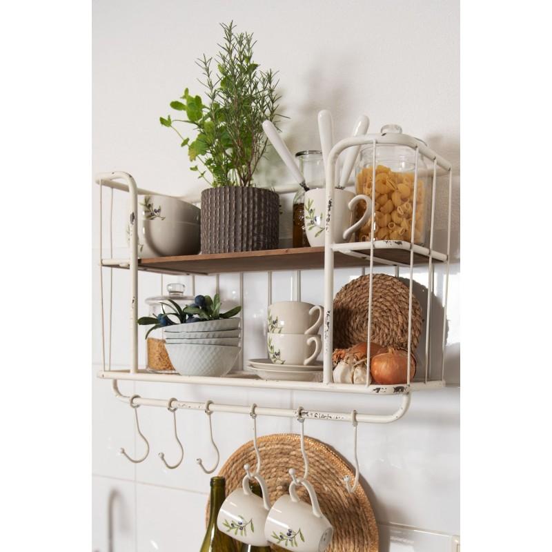 Clayre & Eef OLGKS Kop En Schotel 200 Ml Beige Blauw Keramiek Olijftak Rond Servies