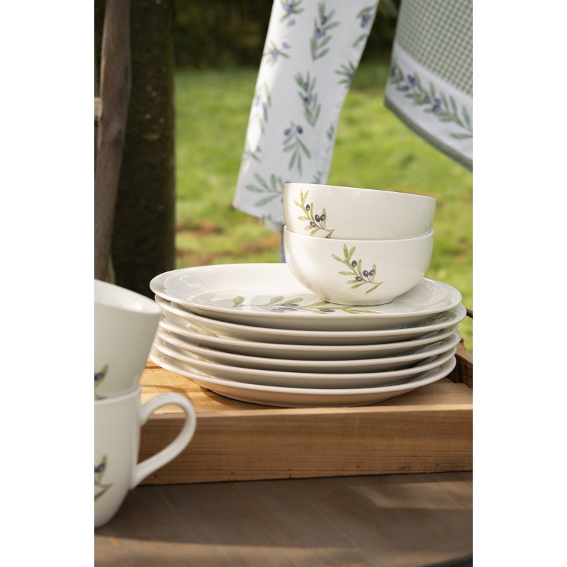 Clayre & Eef OLGPU Soepkom Ø 14x6 Cm Beige Blauw Keramiek Olijftak Rond Serveerkom