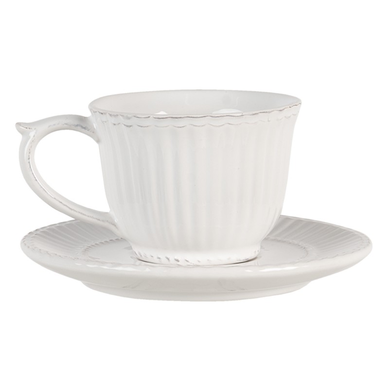Clayre & Eef PLKS Kop En Schotel 150 Ml Wit Dolomiet Rond Servies