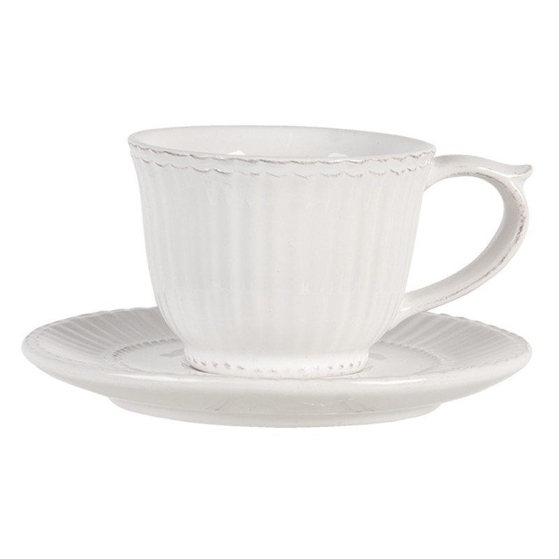 Clayre & Eef PLKS Kop En Schotel 150 Ml Wit Dolomiet Rond Servies