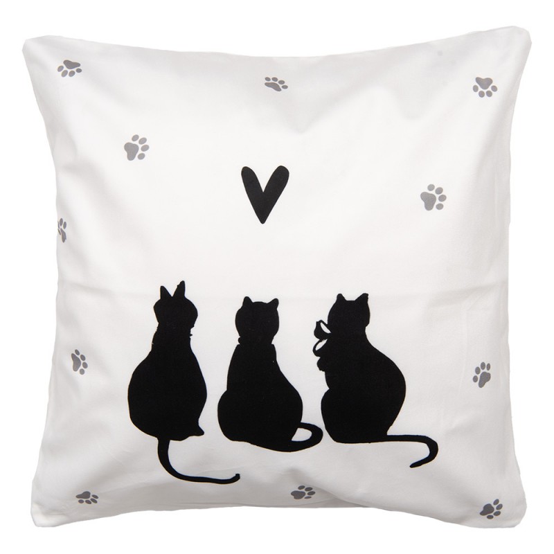 clayre & eef PWS21 Kussenhoes 45x45 cm Wit Zwart Polyester Katten