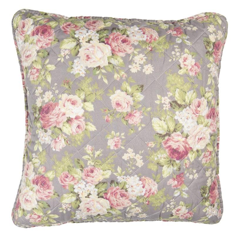 clayre & eef Q188.030 Kussenhoes 50x50 cm Grijs Groen Polyester Bloemen Vierkant Sierkussenhoes
