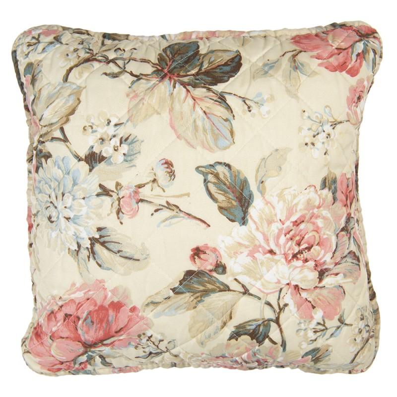 clayre & eef Q190.020 Kussenhoes 40x40 cm Beige Roze Polyester Bloemen Vierkant Sierkussenhoes