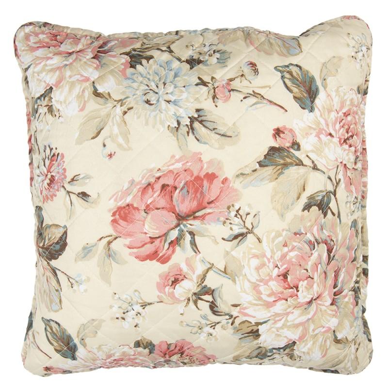 clayre & eef Q190.030 Kussenhoes 50x50 cm Beige Roze Polyester Bloemen Vierkant Sierkussenhoes