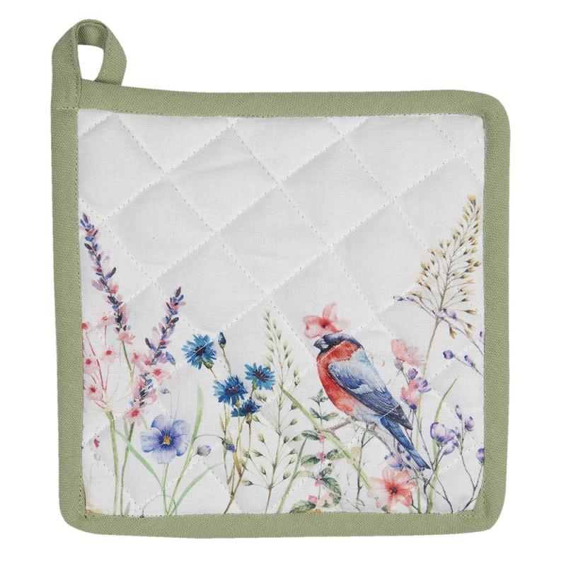 Clayre & Eef SFL45 Pannenlap 20x20 Cm Wit Groen Katoen Bloemen Vierkant Afgiet Pannenlap
