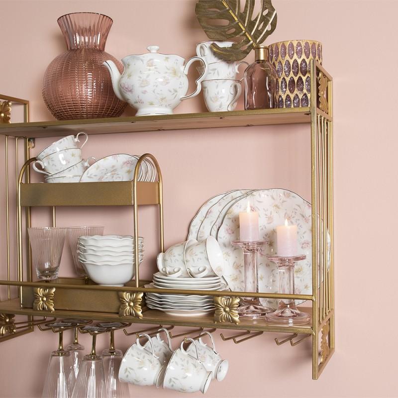 Clayre & Eef TWFDP Ontbijtbord Ø 19 Cm Wit Roze Porselein Bloemen Rond Bord