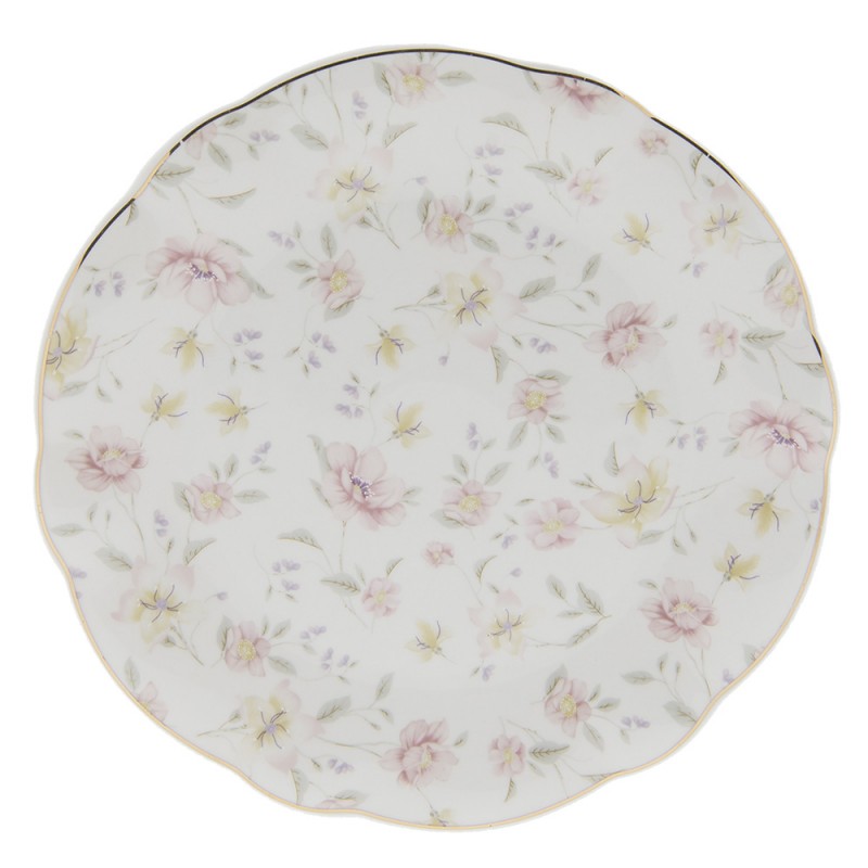 Clayre & Eef TWFFP Dinerbord Ø 26 Cm Wit Roze Porselein Bloemen Rond Eetbord