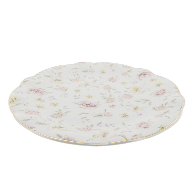 clayre & eef TWFFP Dinerbord Ø 26 cm Wit Roze Porselein Bloemen Rond Eetbord