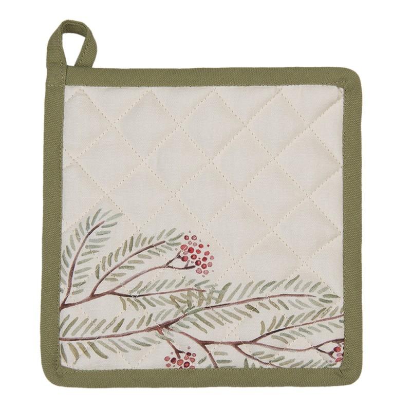 Clayre & Eef VGP45 Pannenlap 20x20 Cm Beige Groen Katoen Vogel Afgiet Pannenlap