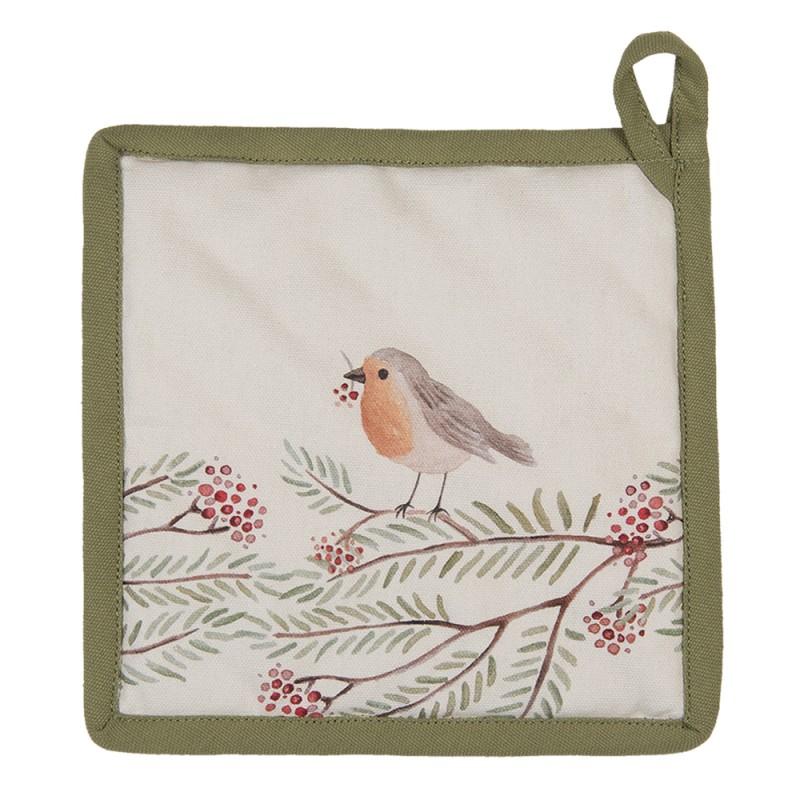 clayre & eef VGP45 Pannenlap 20x20 cm Beige Groen Katoen Vogel Afgiet Pannenlap