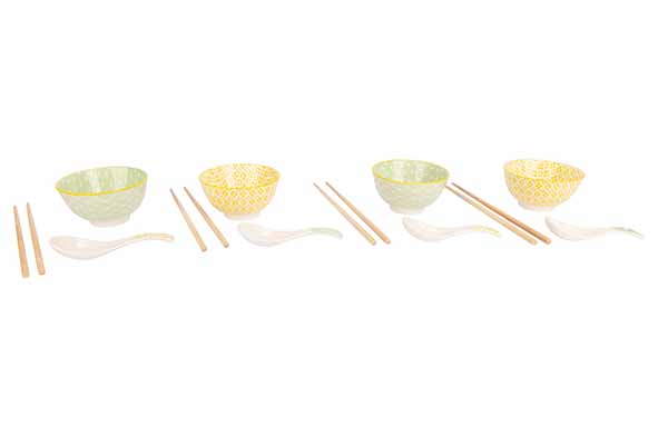 Cosy & Trendy ASIAN SET 12PCS - 4 BOWLS D11 5CM INCL. CHOPSTICKS - 4 RIJSTLEPELS