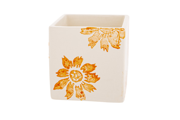 cosy & trendy BLOEMPOT FLOWERS ORANJE 10X10XH10CM VIER KANT AARDEWERK