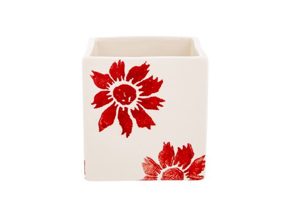 cosy & trendy BLOEMPOT FLOWERS ROOD 10X10XH10CM VIERKA NT AARDEWERK