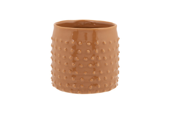 Cosy & Trendy BLOEMPOT GLAZED EMBOSSED DOTS CAMEL 13 5 X13 5XH12 5CM CILINDRISCH AARDEWERK