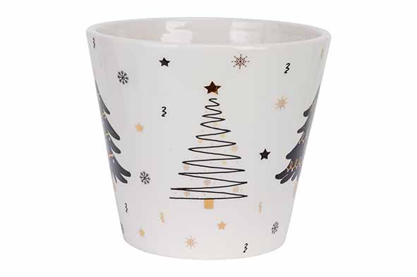 cosy & trendy BLOEMPOT GOLD XMAS PRINT ZWART-WIT 13 5X 13 5XH12CM ROND CONISCH KERAMIEK