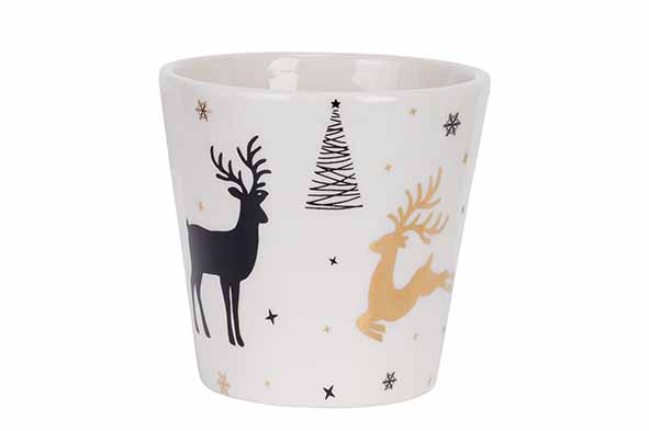 cosy & trendy BLOEMPOT GOLD XMAS PRINT ZWART-WIT 9X9XH 8 7CM ROND CONISCH KERAMIEK