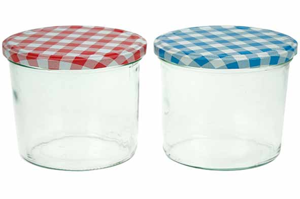 cosy & trendy CONFITUURPOT SET3 TRANSPARANT 23CL 8 5CM DEKSELS: 3X BLAUW-WIT OF 3X ROOD-WIT