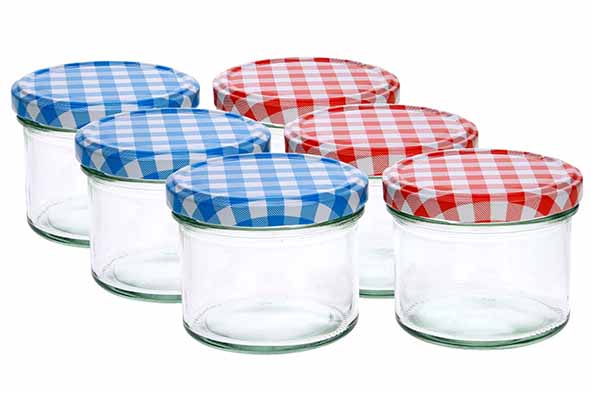 cosy & trendy CONFITUURPOT SET6 TRANSPARANT 23CL 8 5CM DEKSELS: 3X BLAUW-WIT + 3X ROOD-WIT