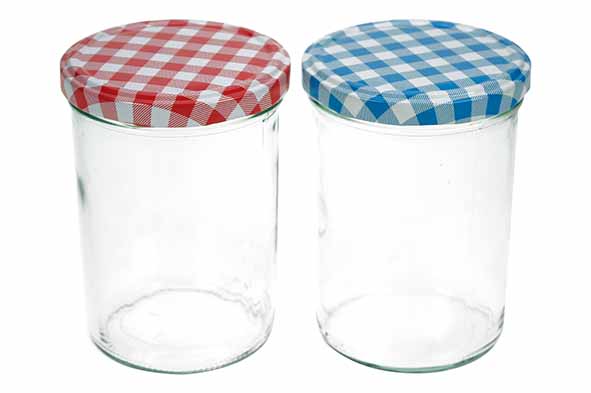cosy & trendy CONFITUURPOT SET6 TRANSPARANT 44CL 8 5CM DEKSELS: 3X BLAUW-WIT + 3X ROOD-WIT