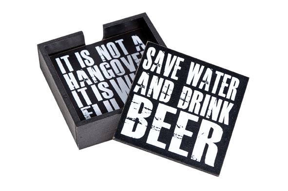 cosy & trendy GLASONDERZETTERS S4 HOUT ZWART MET TEXT 12X12X4.5CM