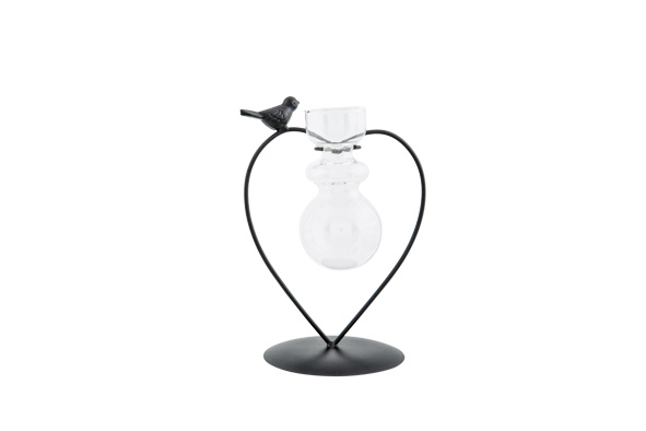 Cosy & Trendy HOUDER BIRD 1X GLASS VASE ZWART 14X10 5X H18CM HART METAAL-GLAS