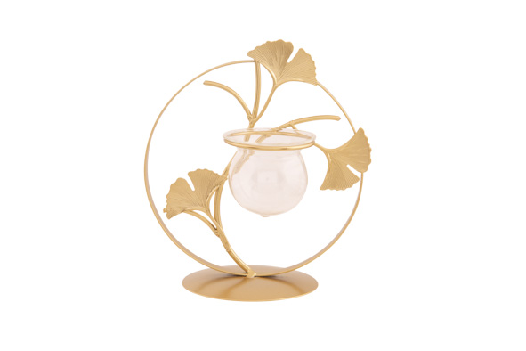 Cosy & Trendy HOUDER GINGKO 1X GLASS VASE GOUD 17 5X11 5XH19 5CM ROND