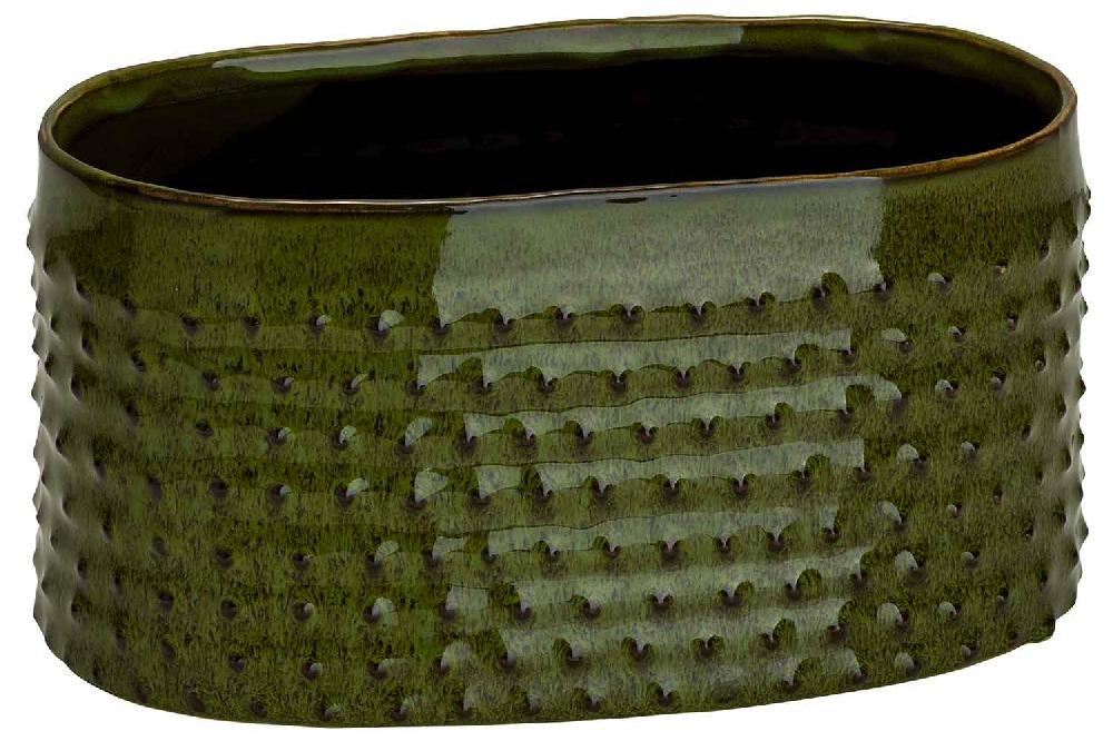 cosy & trendy PLANTENBAK GLAZED EMBOSSED DOTS GROEN 25 5X14 5XH12 5CM OVAAL AARDEWERK