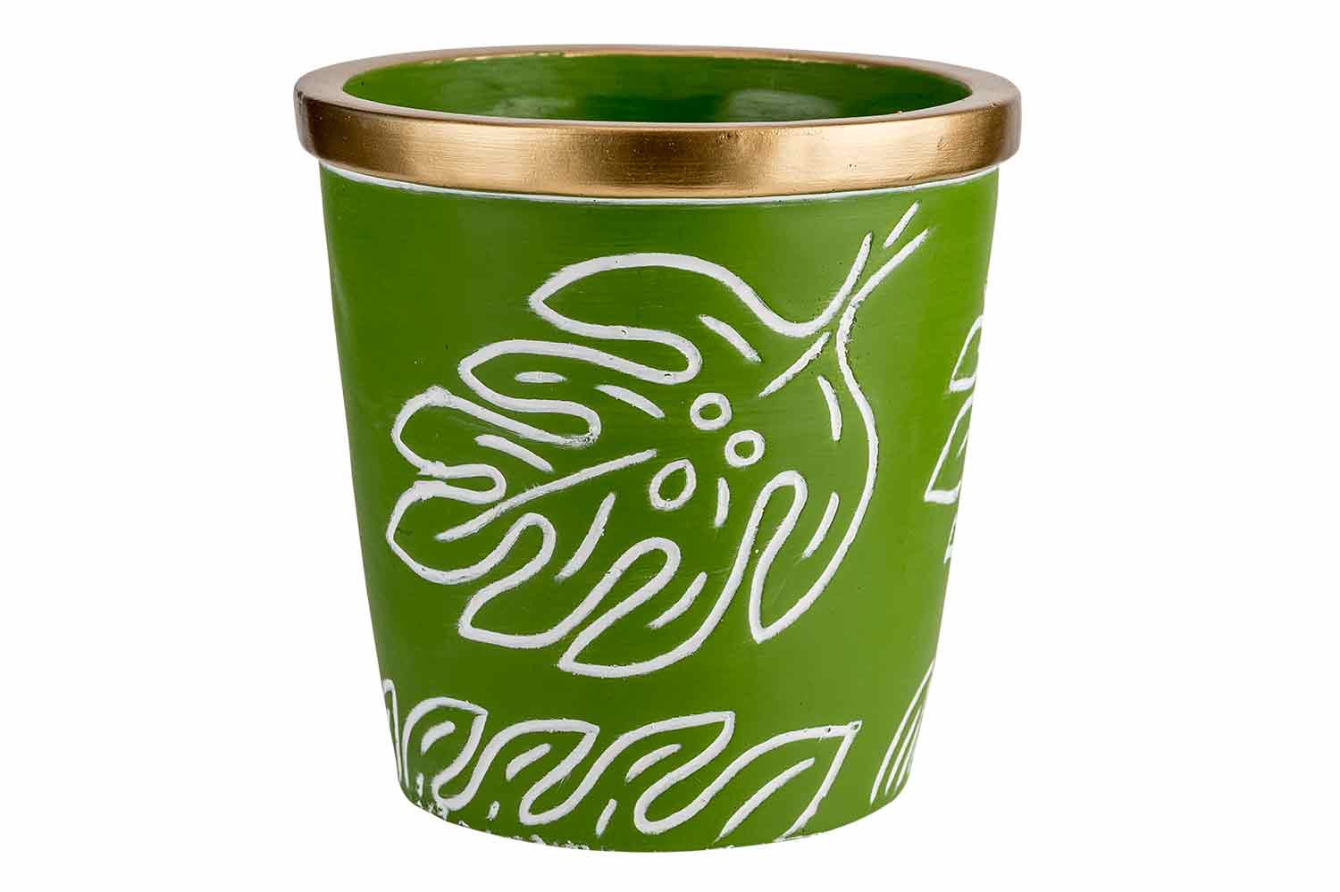 cosy & trendy ROPE BLOEMPOT GOLD BORDER LEAVES MOSGROE N 14X14XH14CM ROND CONISCH CEMENT