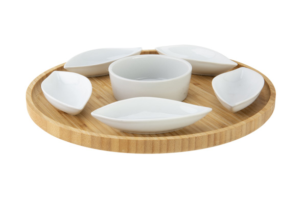 cosy & trendy SERVEERPLANK D26XH3CM ROND BAMBOE+6 KERAMIEKEN BOWLS (11.5X5X25CM)