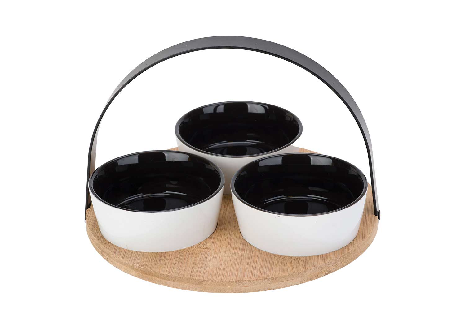 cosy & trendy TAPASSET BAMBOE PLANK D20CM ROND 3 BOWLS 10X4CM ZWART WIT - METALEN HANDLE