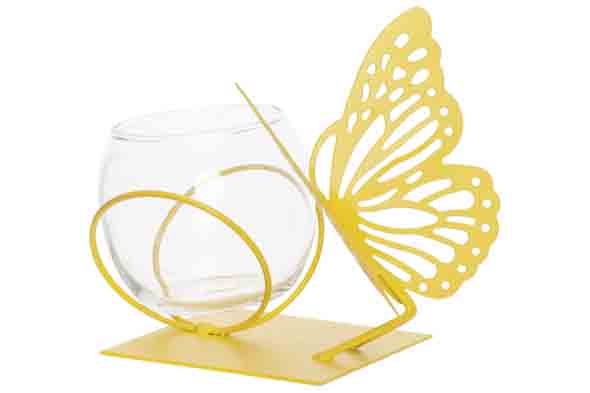 cosy & trendy THEELICHTHOUDER BUTTERFLY 1X GLASS CUP D 8-H7CM GEEL 13X13XH12CM ROND METAAL