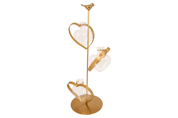 cosy & trendy TOREN HOLDER 3 HEART VASES 8X3X9CM GOUD 14X14XH39CM LANGWERPIG METAAL