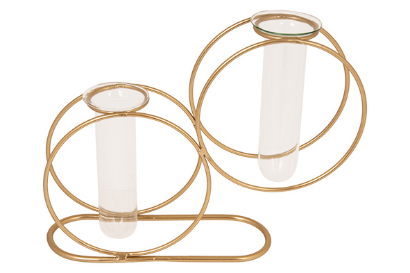 cosy & trendy VAAS 2 CIRCLES GLASS TUBE 3 5X10CM GOUD 19X5XH15CM ROND METAAL
