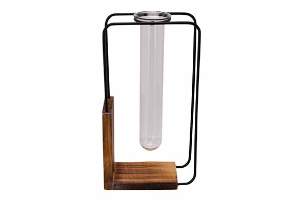 cosy & trendy VAAS GLASS TUBE D3 5H15CM ON WOOD ZWART 10X5XH18 5CM RECHTHOEK METAAL