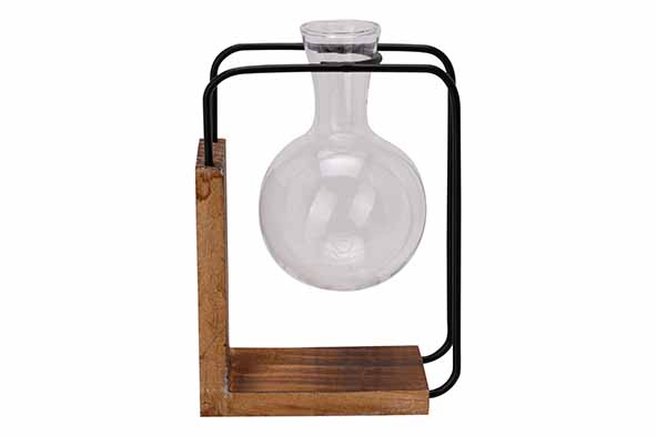 cosy & trendy VAAS GLASS VASE D5 7XH9 5CM ON WOOD ZWAR T 9 5X4 5XH12 5CM RECHTHOEK METAAL