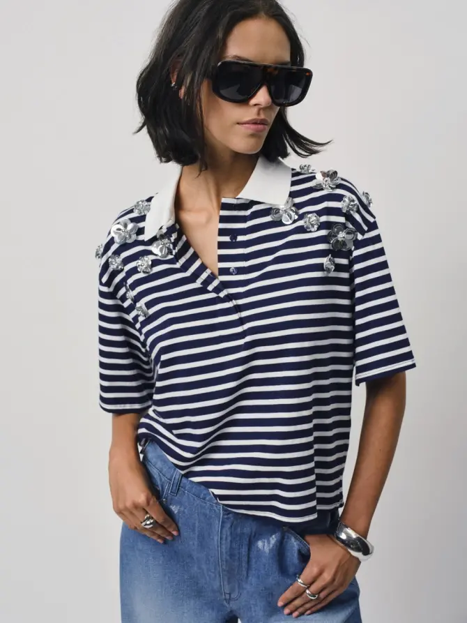 Dante 6 Boxy Gestreept Poloshirt Donkerblauw